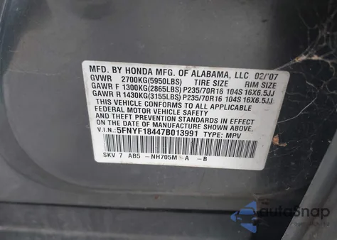 2007 Honda Pilot Ex z USA, uszkodzony, nr VIN 5FNYF18447B013991